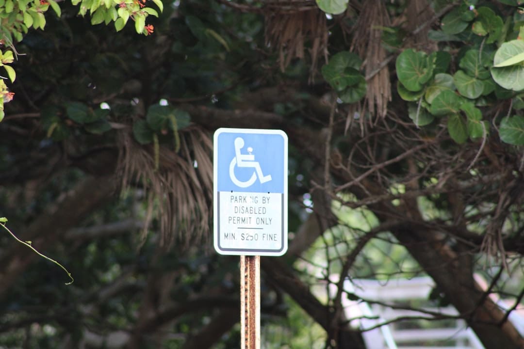 federal laws — a blue and white handicap parking sign next to a tree
